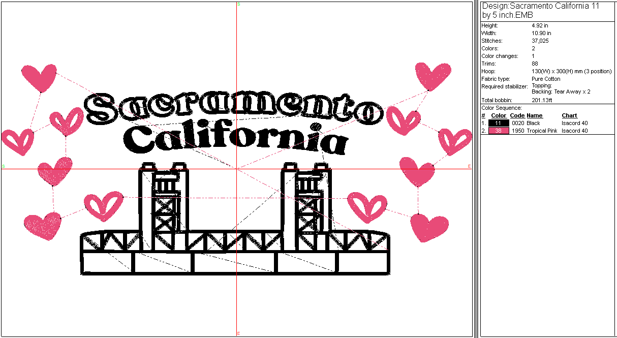 Sacramento California Custom Machine embroidery design