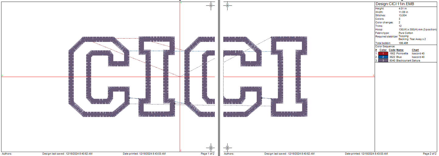 CICI Machine Embroidery Design, Digital Instant Download, 11in sizes, Includes a Repositionable hoop file.