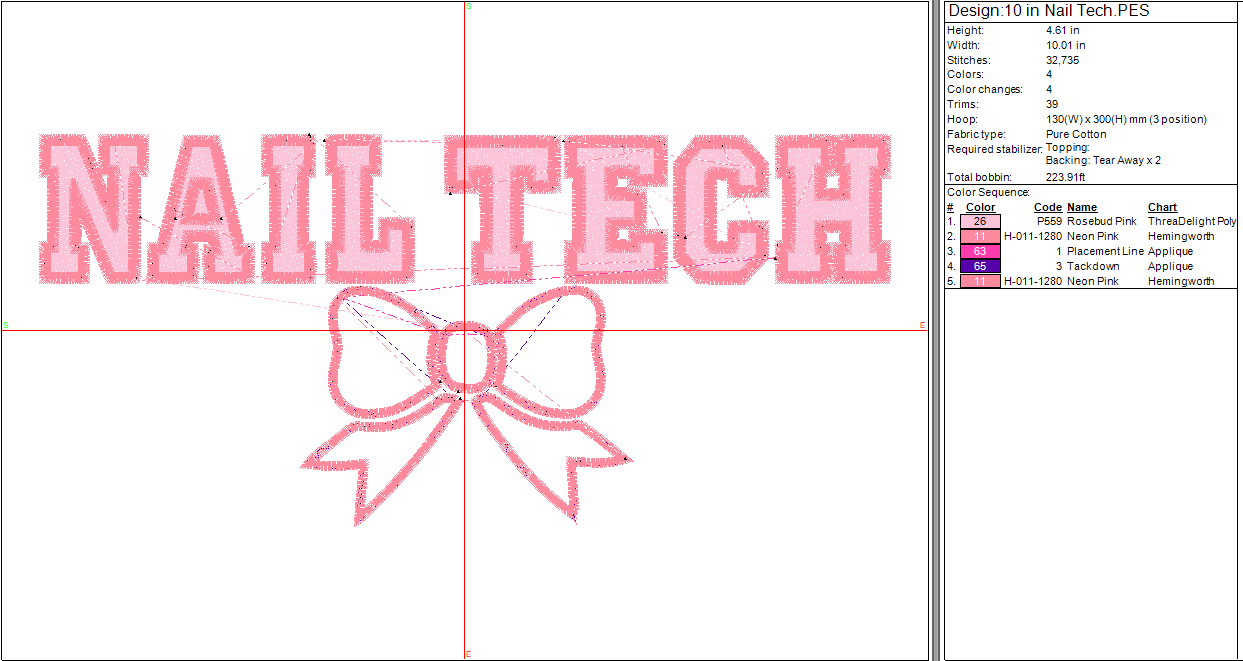 Nail Tech w/ Applique Bow Custom Machine embroidery design