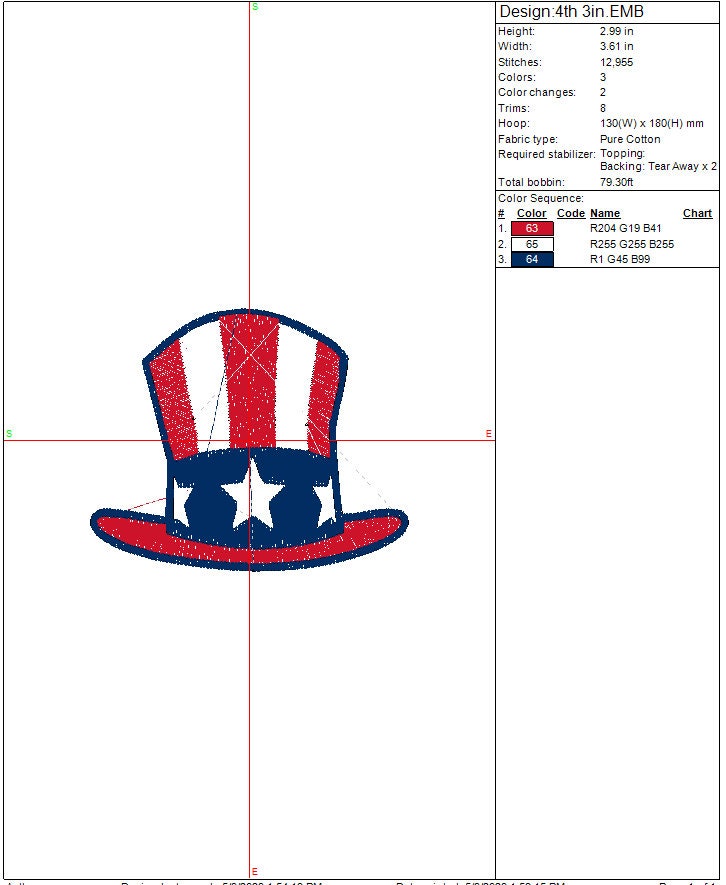 Uncle Sam Hat machine embroidery file, Patriotic Design, 4th of July digital download file, Independence Day, Instant Download 3 sizes