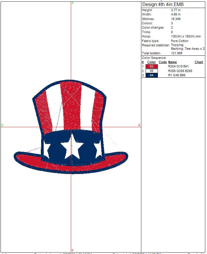 Uncle Sam Hat machine embroidery file, Patriotic Design, 4th of July digital download file, Independence Day, Instant Download 3 sizes