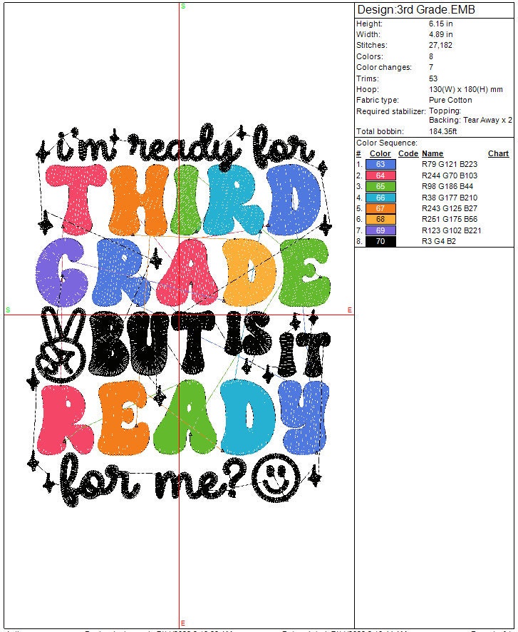 Back to School 3rd Grade machine embroidery file design, 1st day of school Digital File Instant Download
