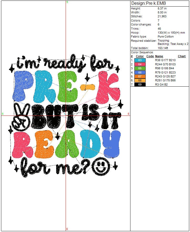 Back to School Pre-K machine embroidery file design, 1st day of school Digital File Instant Download