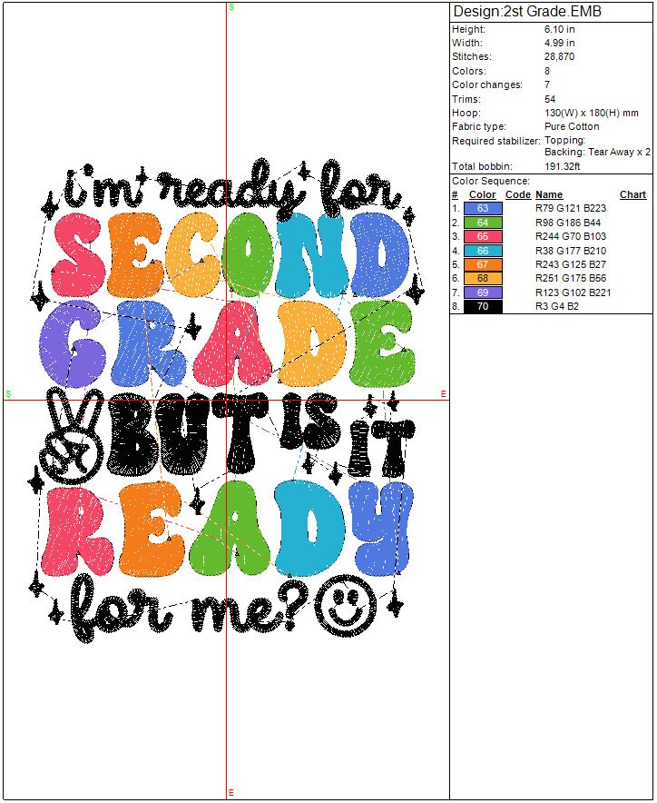 Back to School 2nd Grade machine embroidery file design, Retro 1st day of school Digital File Instant Download