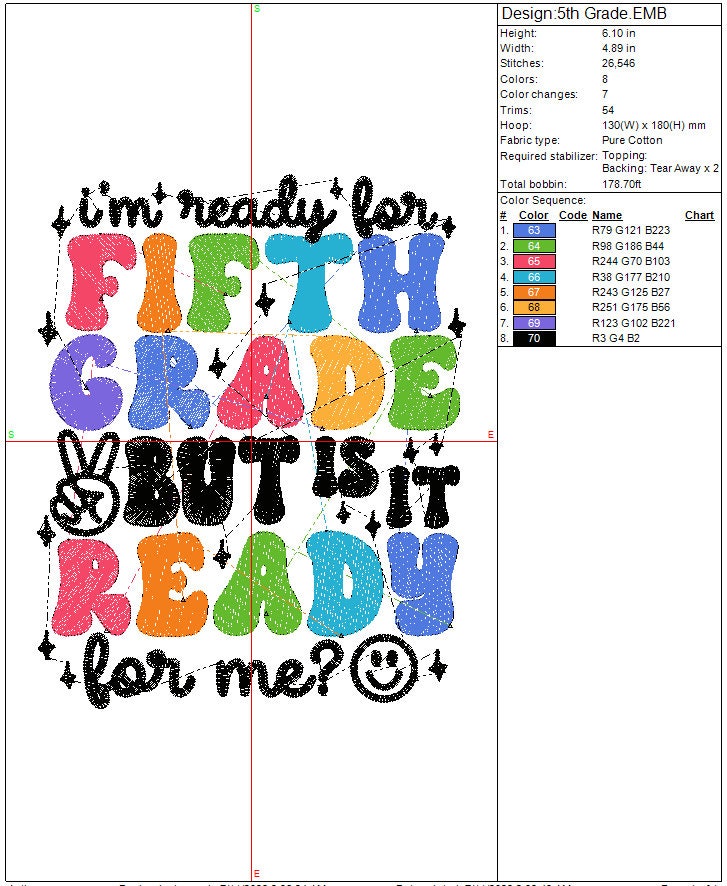Back to School 5th Grade machine embroidery file design, 1st day of school Digital File Instant Download