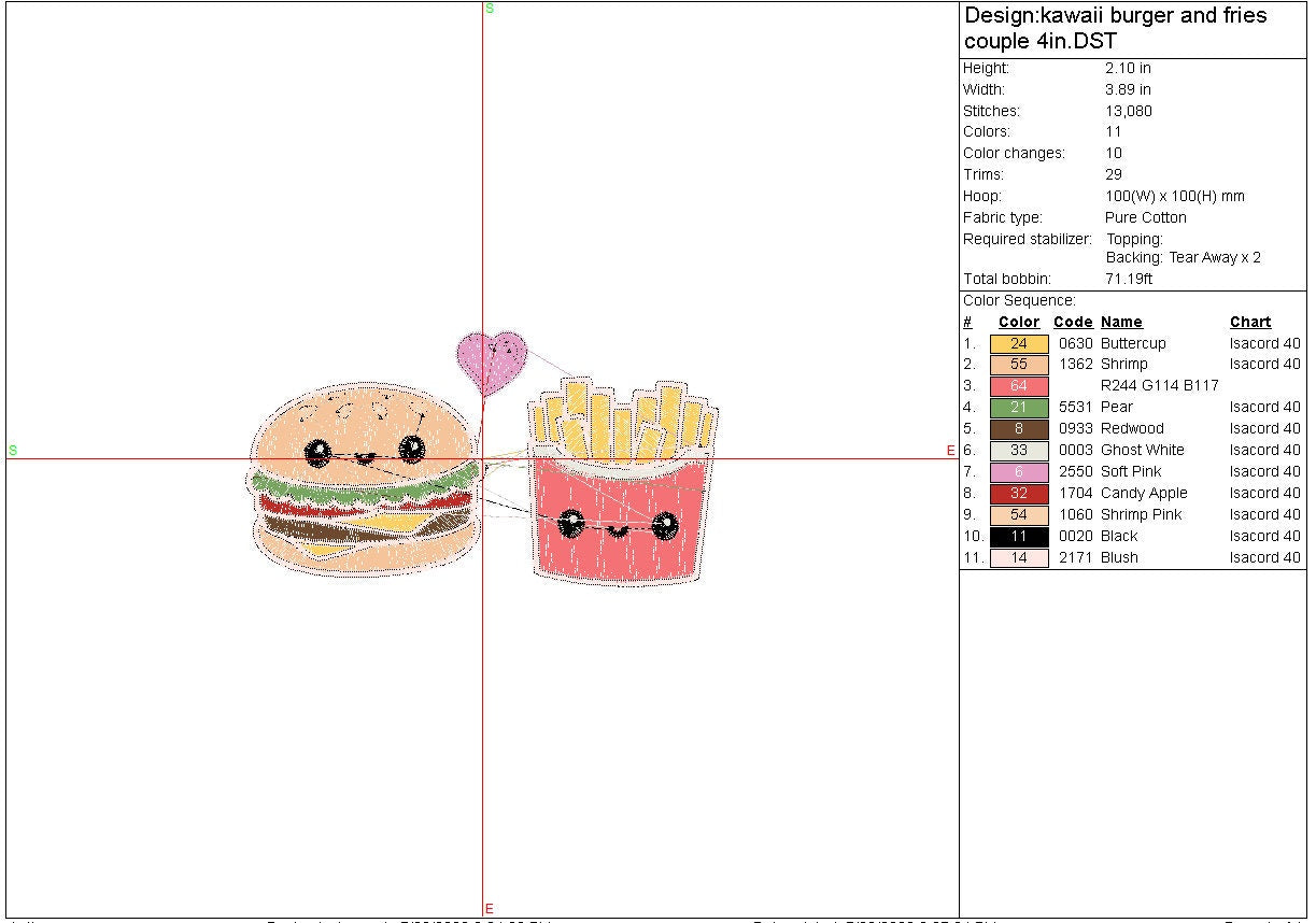 Burger and fries kawaii machine embroidery file, couples digital design, Instant Download