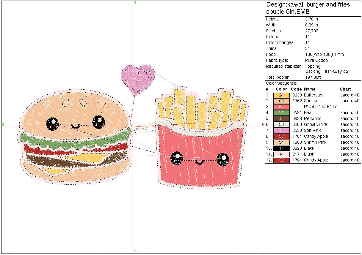 Burger and fries kawaii machine embroidery file, couples digital design, Instant Download