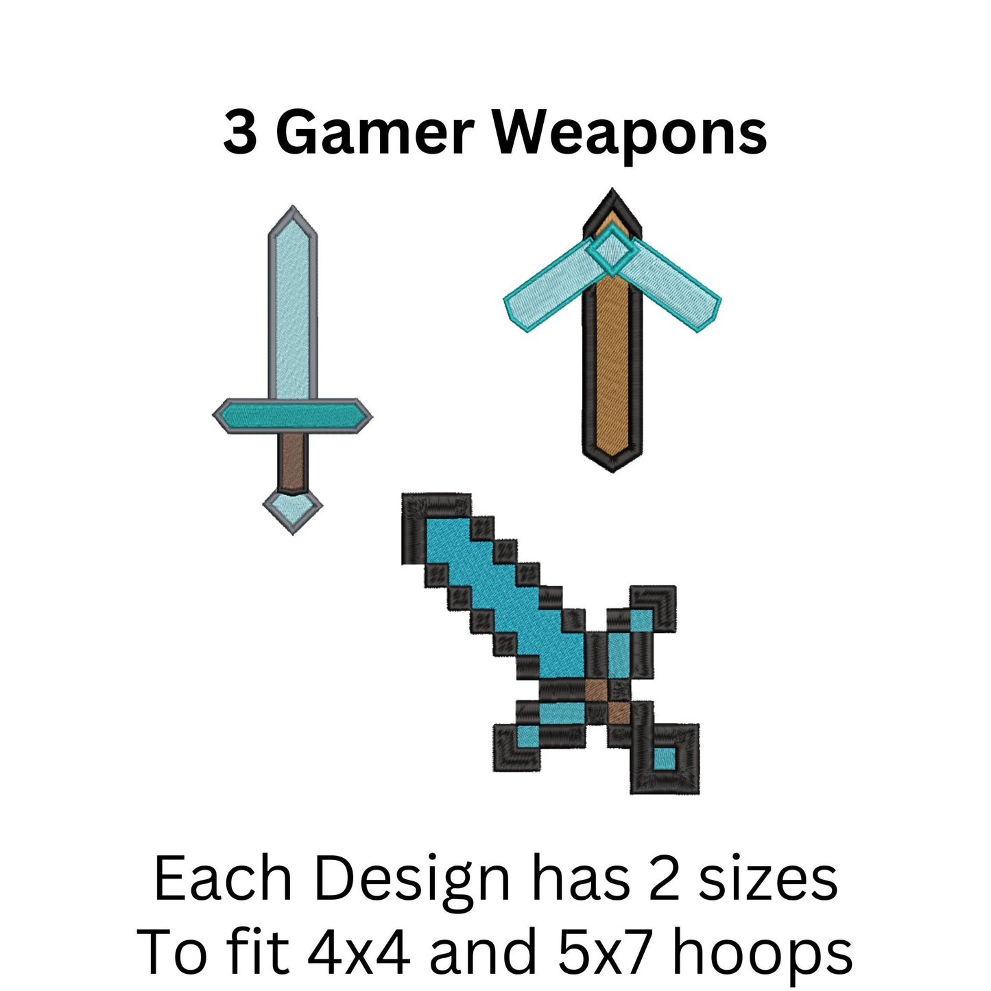 Gamer Swords Bundle machine embroidery design, Mine Game Digital File Instant Download, 3 designs, 2 sizes each
