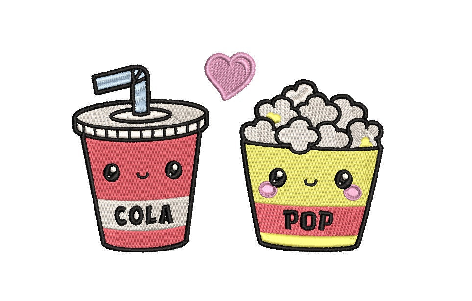 Cola and Pop kawaii machine embroidery file, couples digital design, Instant Download