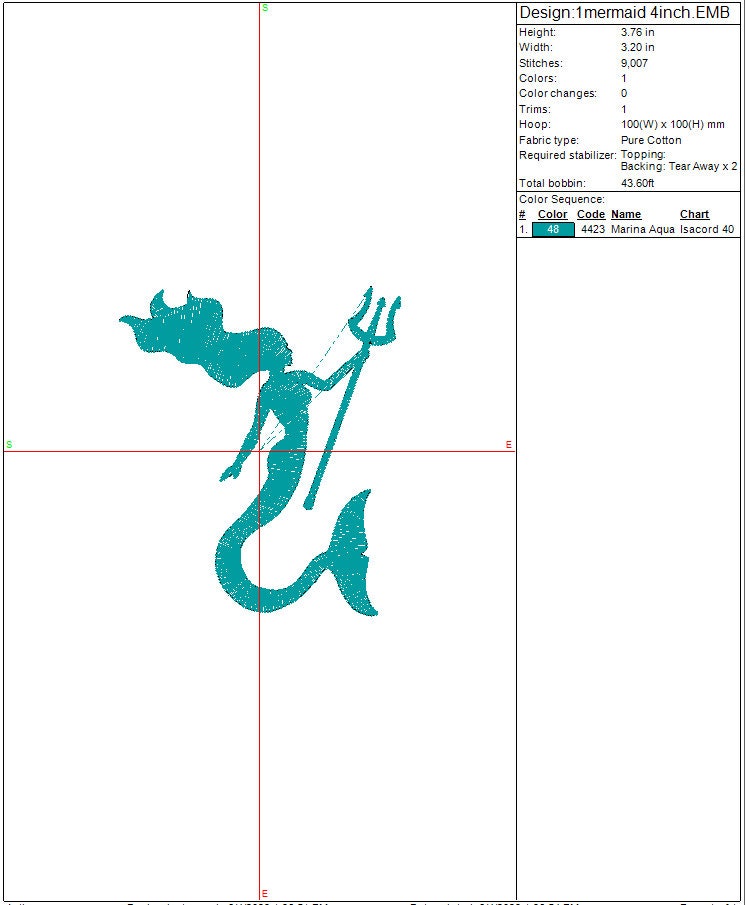 Mermaid with Trident machine embroidery file design, Girl Mermaid Digital File, Instant Download 2 Sizes