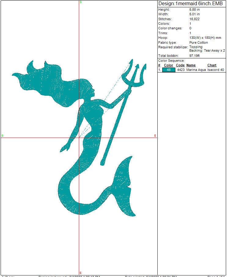 Mermaid with Trident machine embroidery file design, Girl Mermaid Digital File, Instant Download 2 Sizes