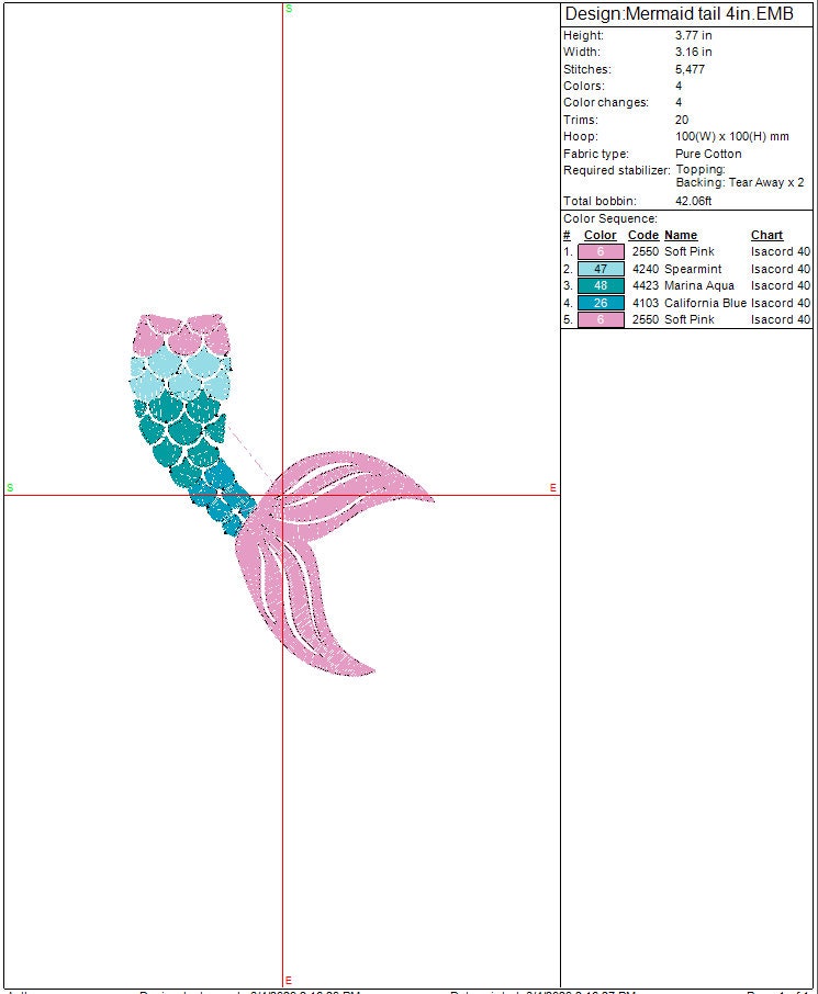 Mermaid Tail machine embroidery file design, Girl Mermaid Digital File, Instant Download 2 Sizes