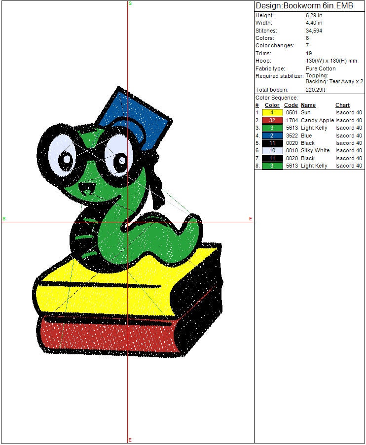 Book Worm machine embroidery file, Back to School design, 1st Day of School, Digital File, Instant Download, 4 inch and 6 inch