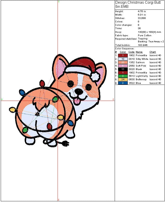 Christmas Corgi machine embroidery file design, Holiday Dog, Digital File Instant Download 2 sizes
