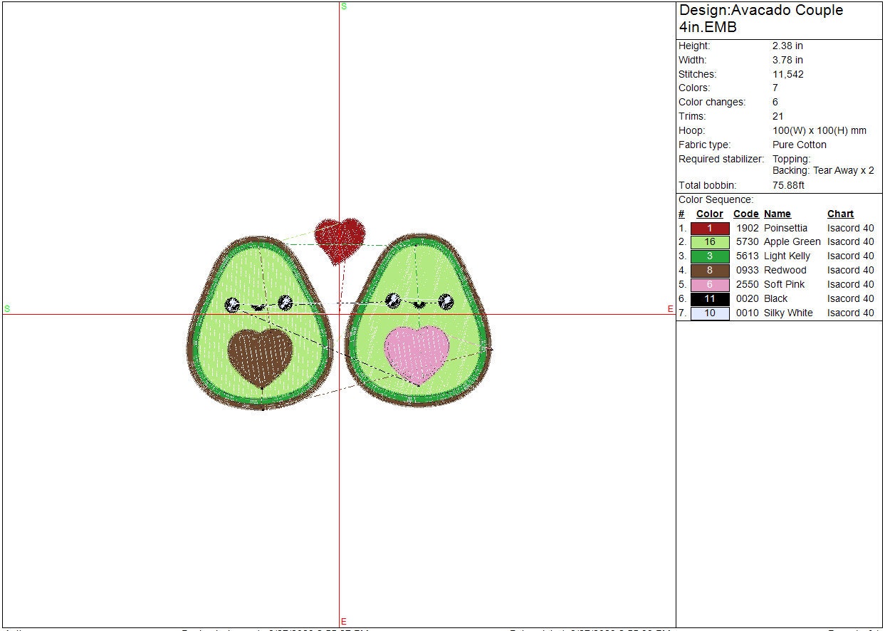 Avacado kawaii machine embroidery file, couples digital design, Instant Download 3 sizes