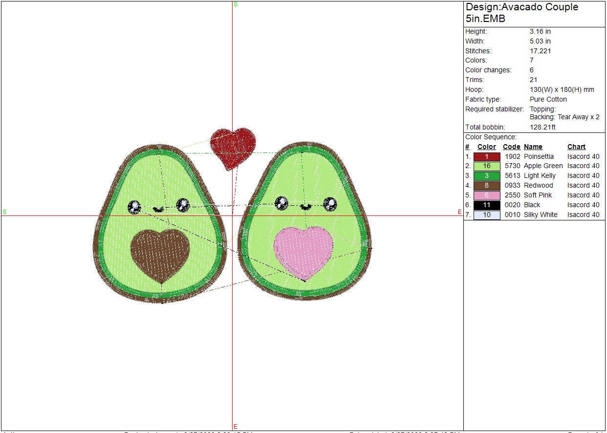 Avacado kawaii machine embroidery file, couples digital design, Instant Download 3 sizes