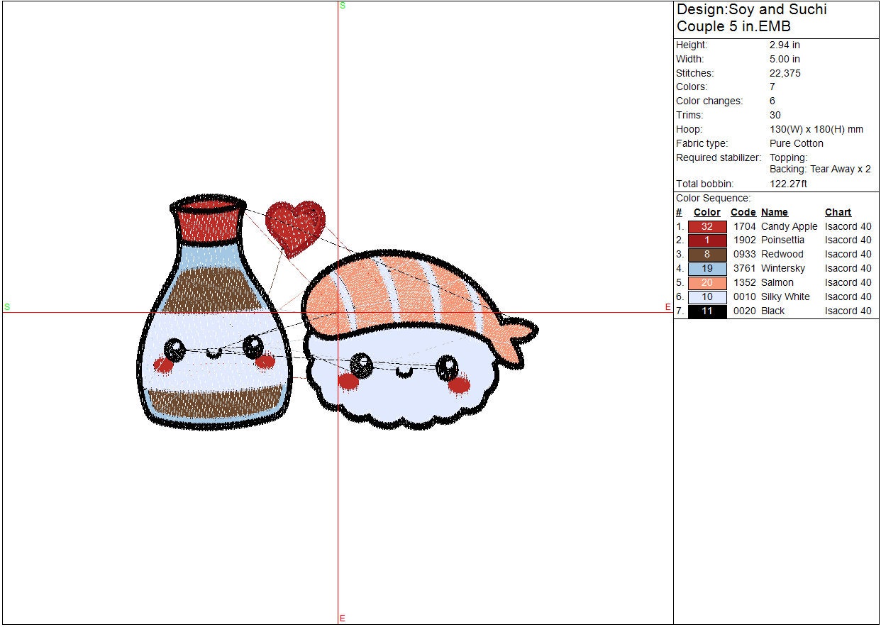 Soy and Sushi kawaii machine embroidery file, couples digital design, Instant Download 3 sizes