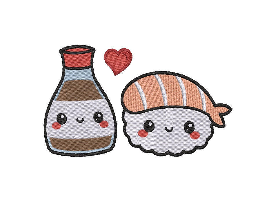 Soy and Sushi kawaii machine embroidery file, couples digital design, Instant Download 3 sizes