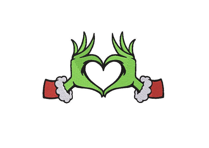 Christmas Grinch Heart Hands Machine Embroidery file design, Separated Hands Christmas Holiday Digital File Instant Download 2in, 4in, 7in