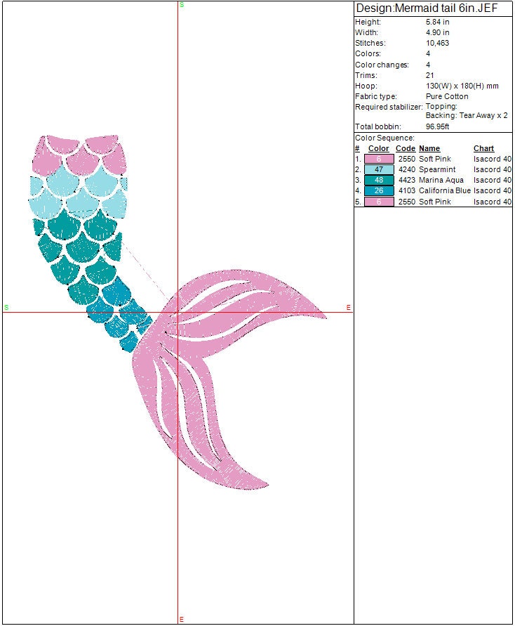 Mermaid Tail machine embroidery file design, Girl Mermaid Digital File, Instant Download 2 Sizes