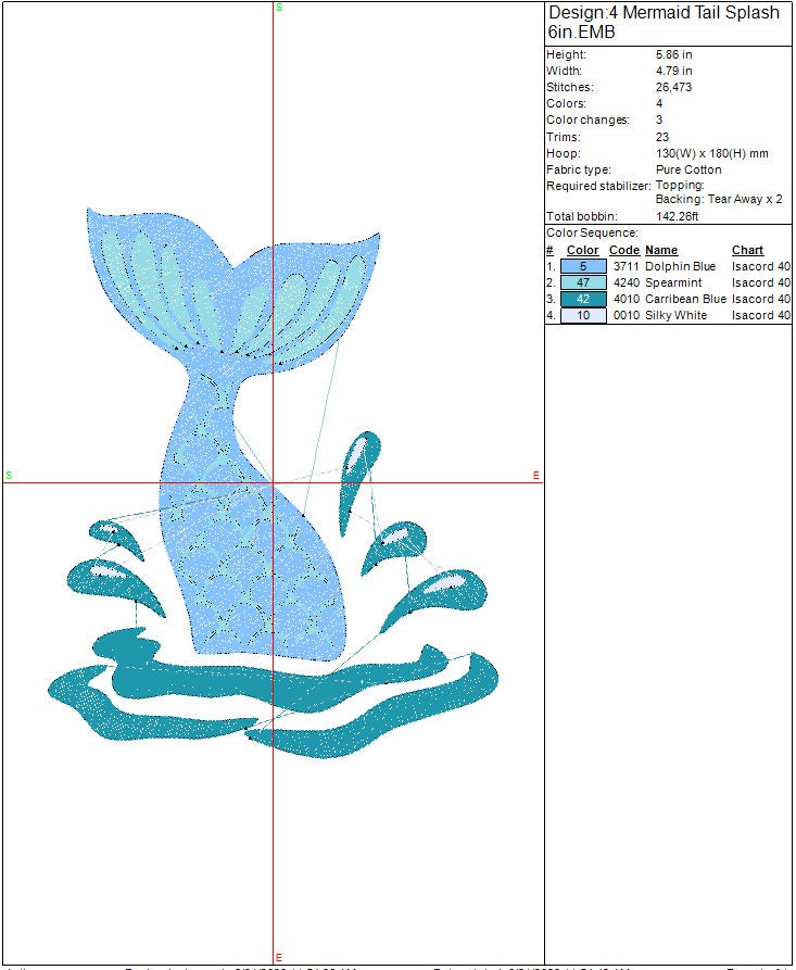 Mermaid Tail Splash machine embroidery file design, Girl Mermaid Digital File, Instant Download 2 Sizes