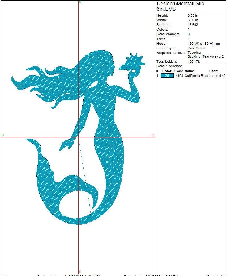 Mermaid Silhouette machine embroidery file design, Girl mermaid with shell Digital File, Instant Download 2 Sizes