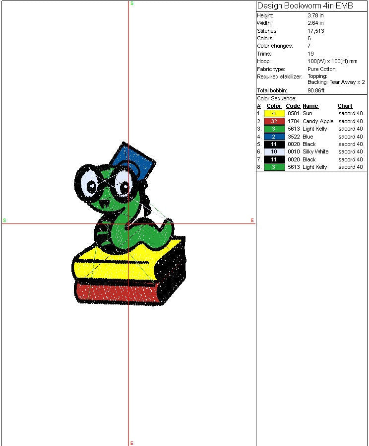 Book Worm machine embroidery file, Back to School design, 1st Day of School, Digital File, Instant Download, 4 inch and 6 inch
