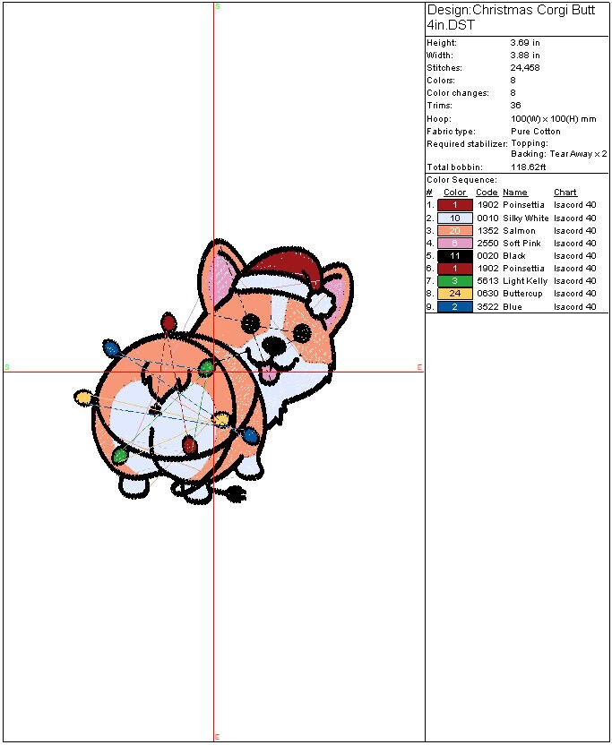 Christmas Corgi machine embroidery file design, Holiday Dog, Digital File Instant Download 2 sizes