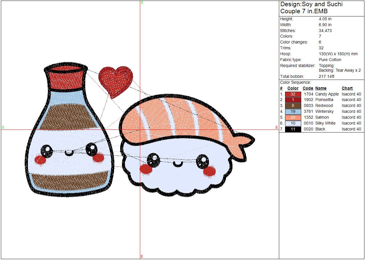 Soy and Sushi kawaii machine embroidery file, couples digital design, Instant Download 3 sizes