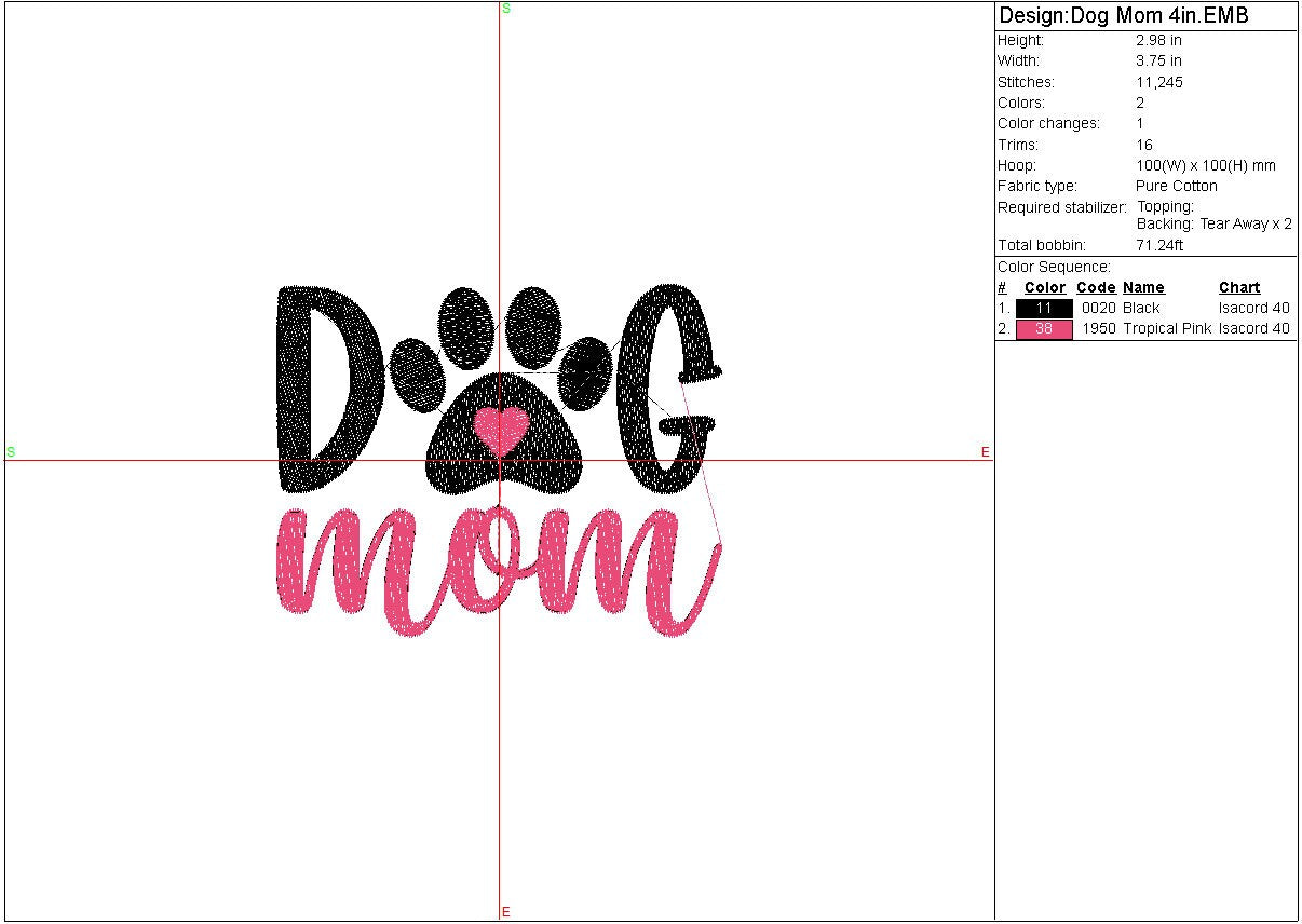 Dog Mom machine embroidery file design, Digital File Instant Download 3 sizes 4in, 6in, 9.5in to fit 4x4, 5x7, and 12x8 hoops