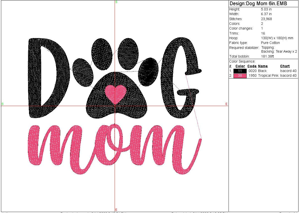 Dog Mom machine embroidery file design, Digital File Instant Download 3 sizes 4in, 6in, 9.5in to fit 4x4, 5x7, and 12x8 hoops