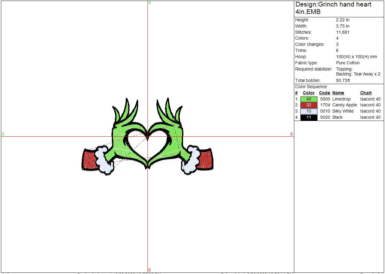 Christmas Grinch Heart Hands Machine Embroidery file design, Separated Hands Christmas Holiday Digital File Instant Download 2in, 4in, 7in