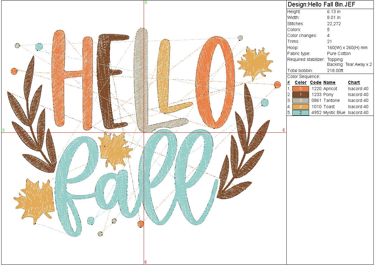 Fall Embroidery design, Hello Fall machine embroidery file design, Thanksgiving, Autumn, Holiday Fall Digital Instant Download, 4in 6in 8in