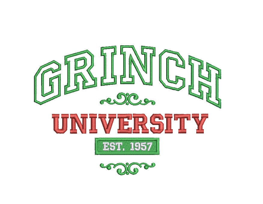 Grinchmas University Applique Machine Embroidery Design, Grinch Christmas Holiday Digital Design, Instant Download, 4in, 7in, and 10in
