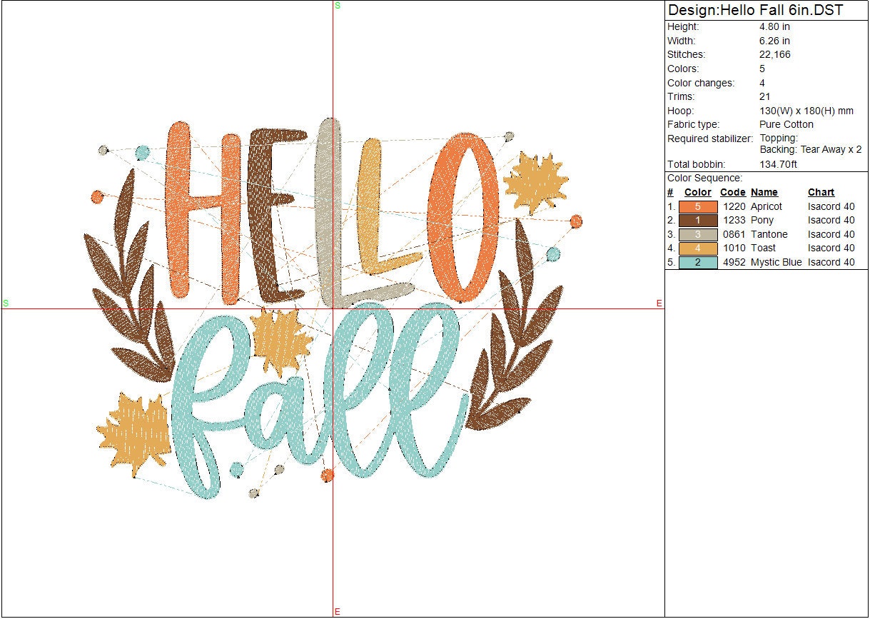 Fall Embroidery design, Hello Fall machine embroidery file design, Thanksgiving, Autumn, Holiday Fall Digital Instant Download, 4in 6in 8in