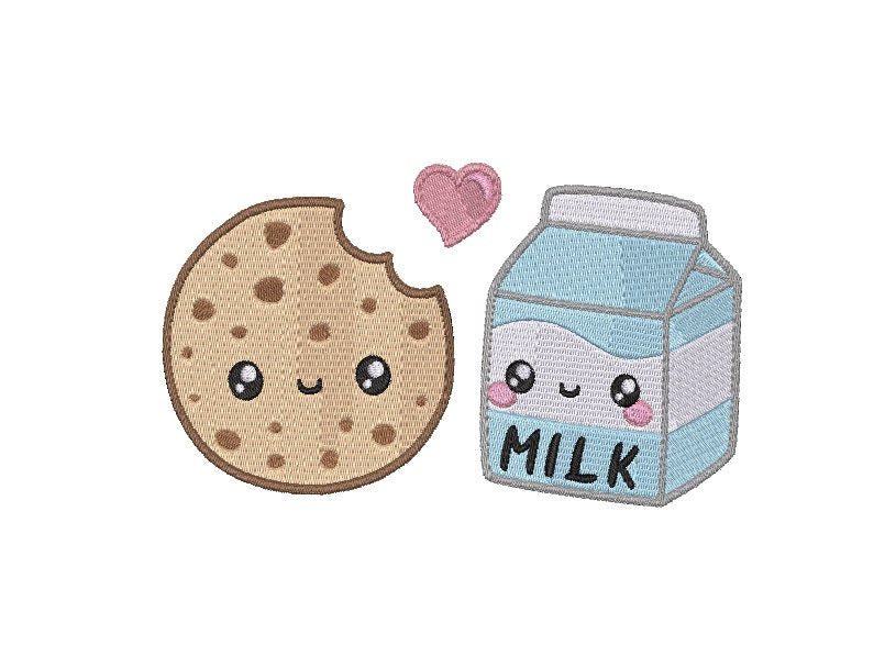Cookies and Milk kawaii machine embroidery file, couples digital design, Instant Download 3 sizes