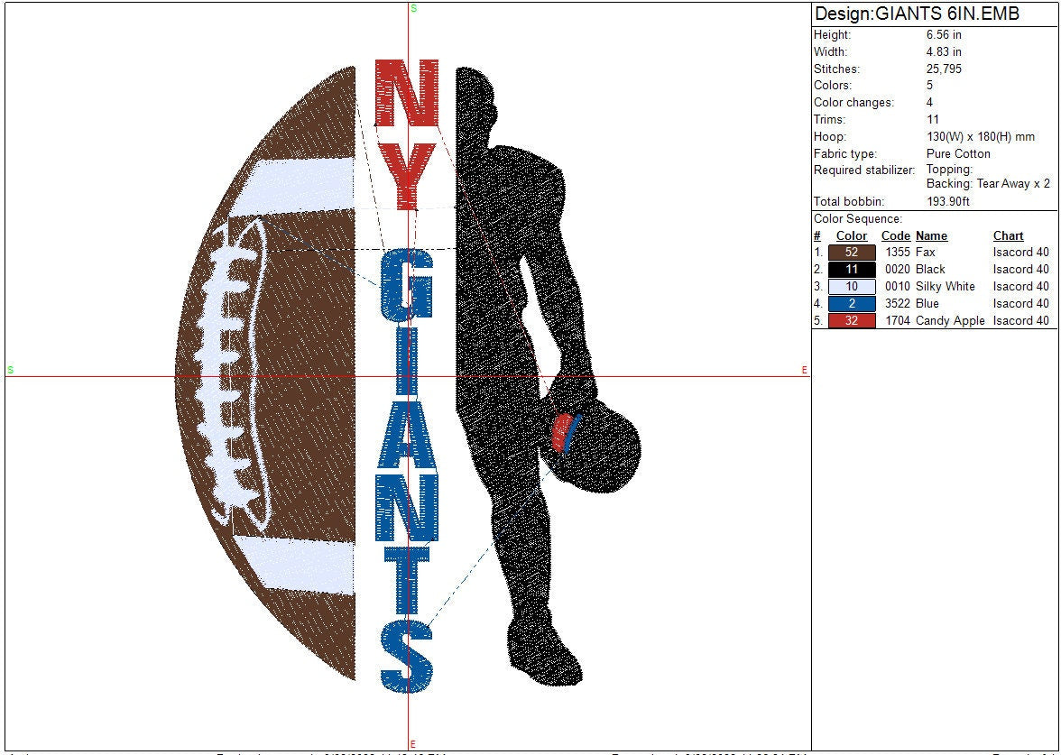 Giants Football machine embroidery file design Sports Digital File Instant Download 2 sizes to fit 4x4 and 5x7 hoops