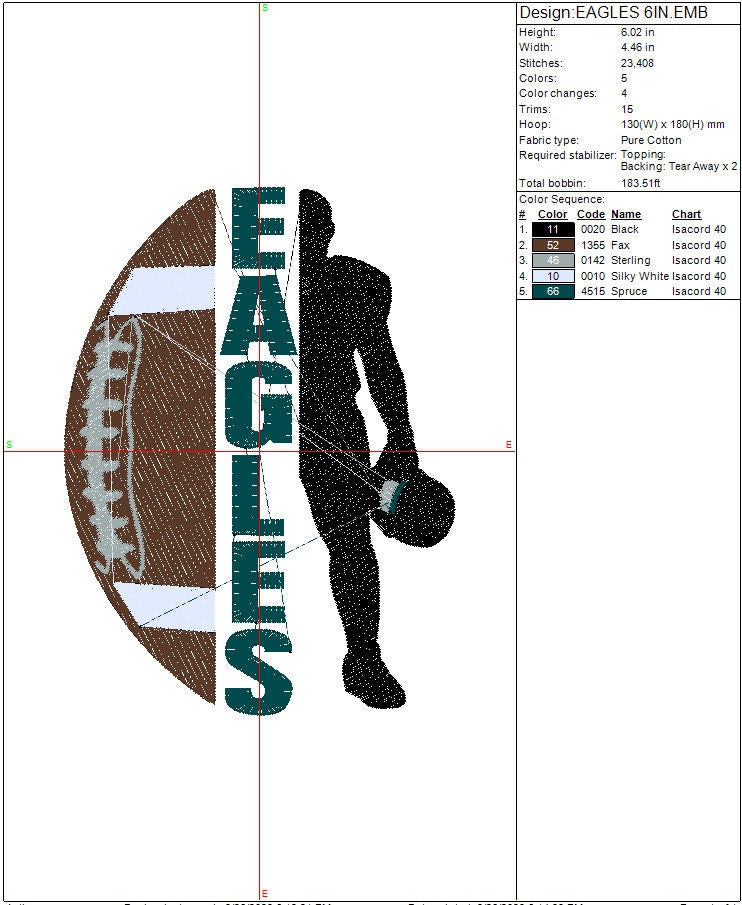 Eagles Football Machine Embroidery Design, Sports Digital File, Instant Download 2 sizes to fit 4x4 and 5x7 hoops