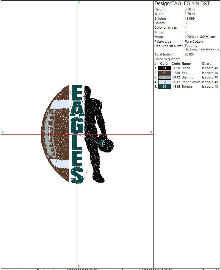 Eagles Football Machine Embroidery Design, Sports Digital File, Instant Download 2 sizes to fit 4x4 and 5x7 hoops