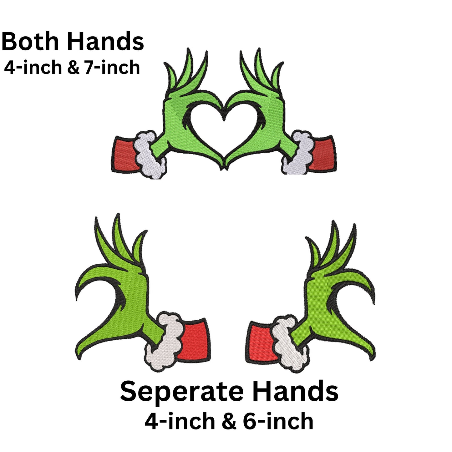 Christmas Grinch Heart Hands Machine Embroidery file design, Separated Hands Christmas Holiday Digital File Instant Download 2in, 4in, 7in