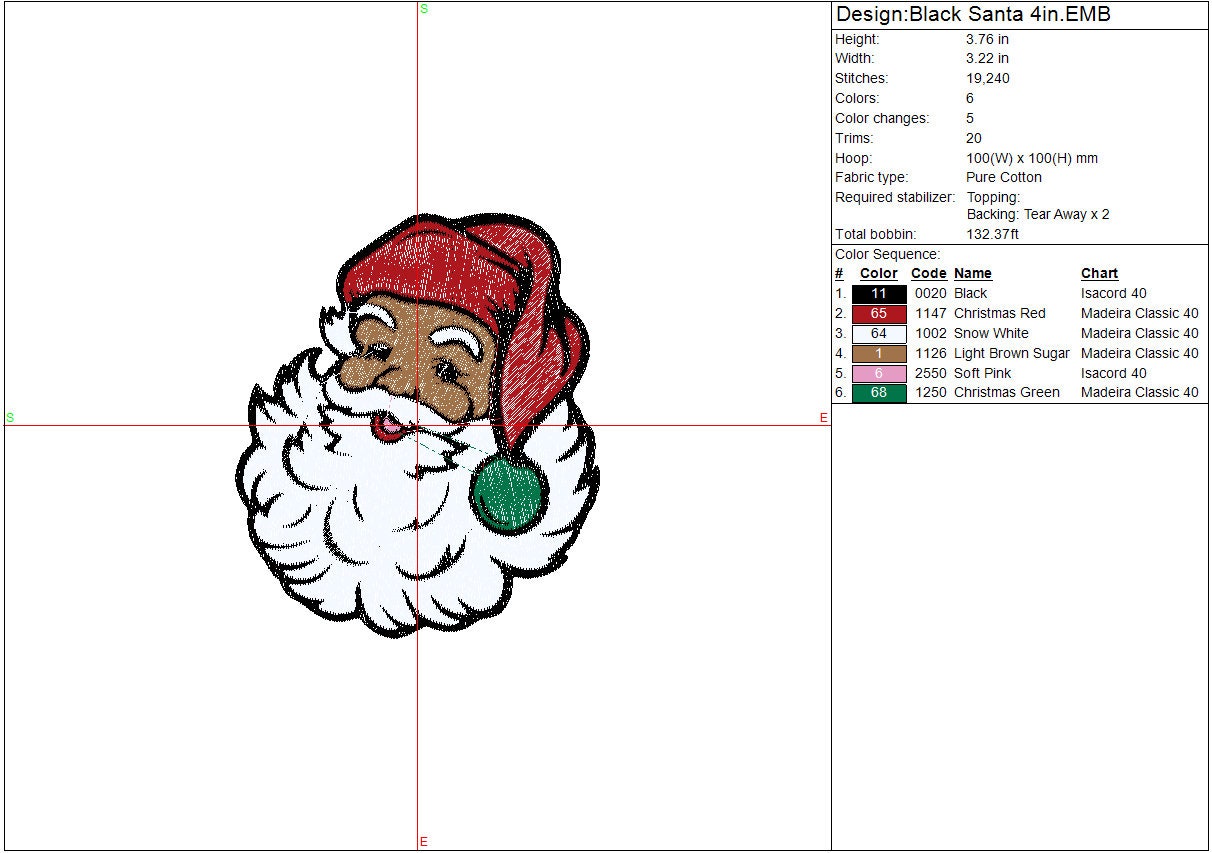 Black Santa Christmas Machine Embroidery file design, Christmas Holiday Digital File Instant Download 4in, 6in