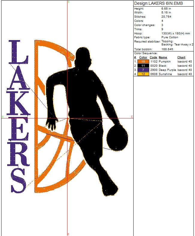 LA Lakers Basketball Machine Embroidery design, Sports Digital File, Instant Download 2 sizes to fit 4x4 and 5x7 hoops