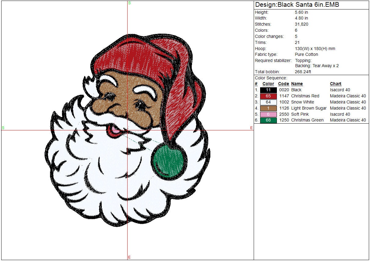 Black Santa Christmas Machine Embroidery file design, Christmas Holiday Digital File Instant Download 4in, 6in