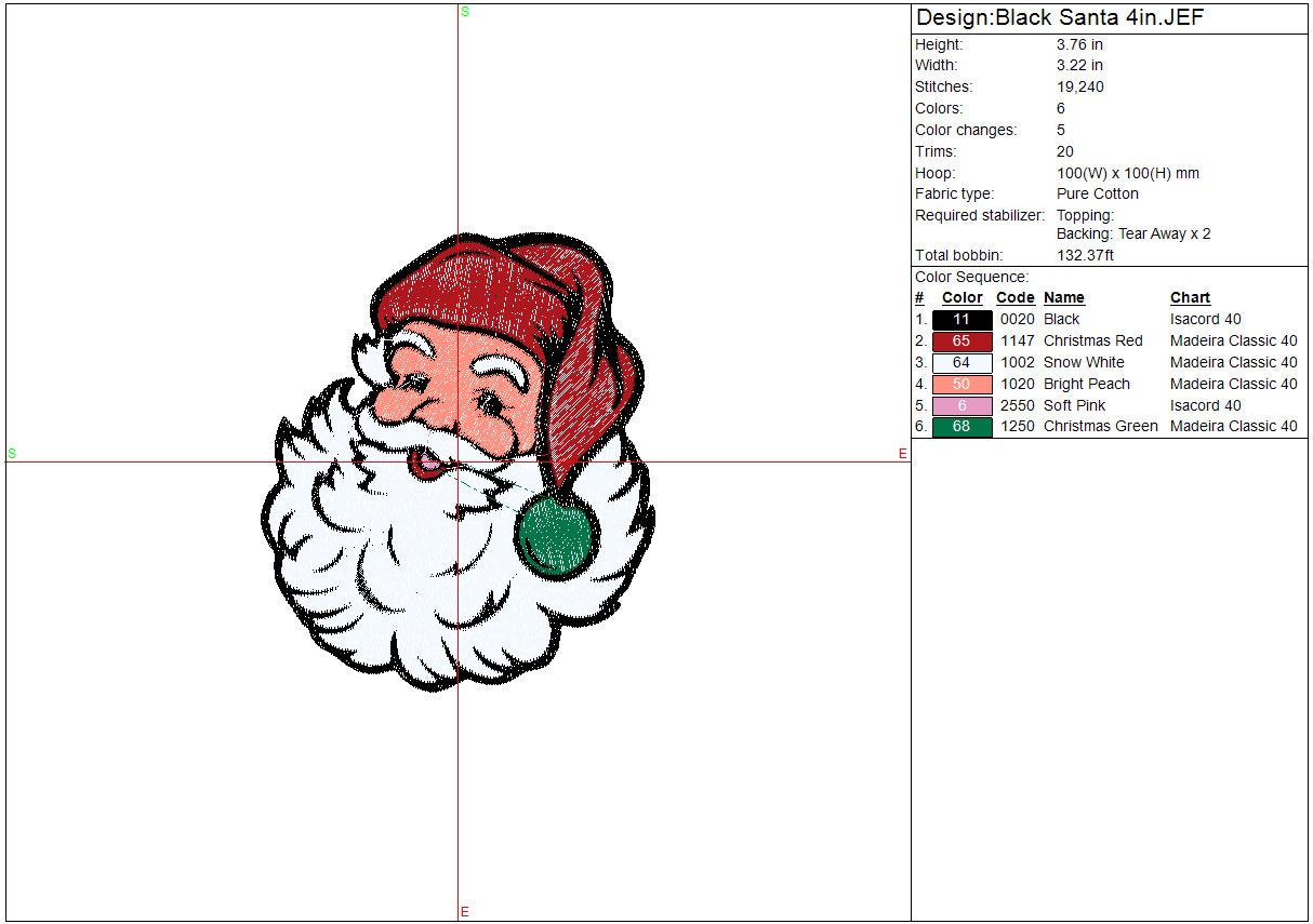 Santa Claus Christmas Machine Embroidery file design, Christmas Holiday Digital File Instant Download 4in, 6in