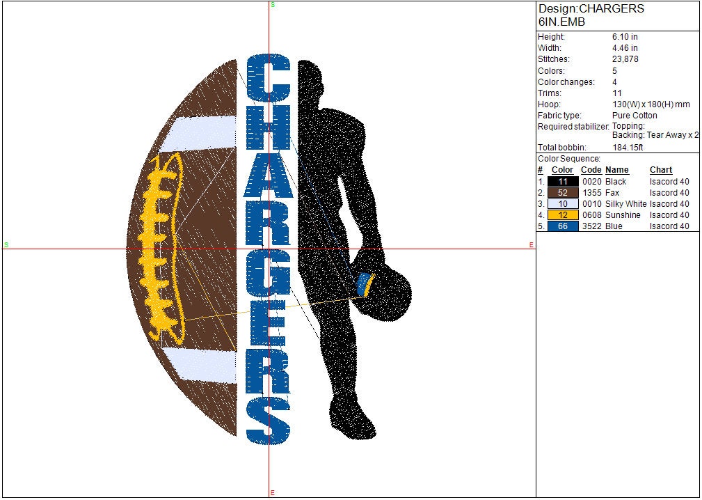 Chargers Football Machine Embroidery file design Sports Digital File Instant Download 2 sizes to fit 4x4 and 5x7 hoops