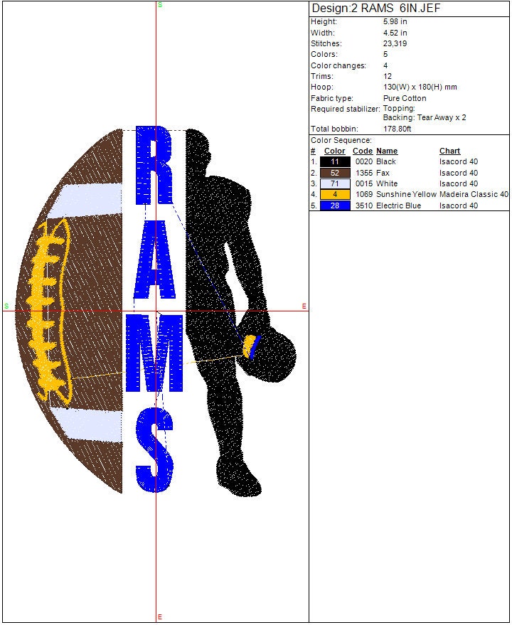 Rams Football Machine Embroidery file design Sports Digital File Instant Download 2 sizes to fit 4x4 and 5x7 hoops
