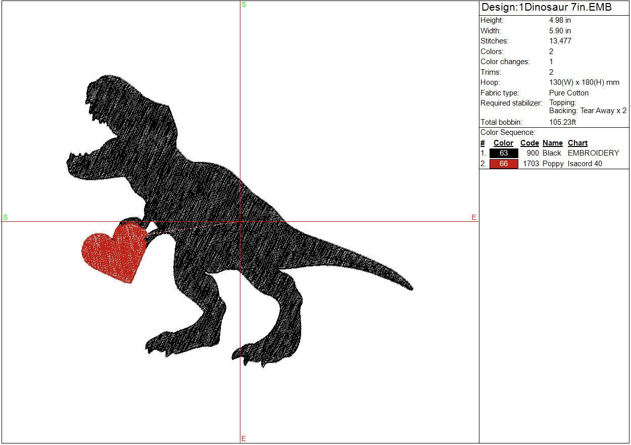Dinosaur Heart machine embroidery file design, Kids Valentines Day Digital File, Instant Download 4 sizes