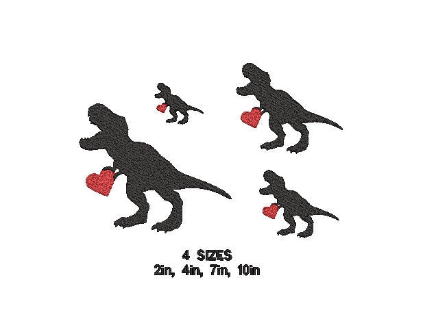 Dinosaur Heart machine embroidery file design, Kids Valentines Day Digital File, Instant Download 4 sizes