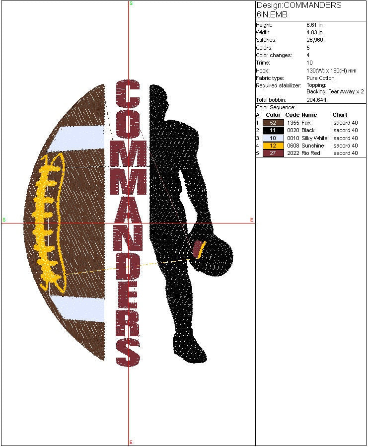 Commanders Football Machine Embroidery Design, Washington Commanders Sports Digital File, Instant Download 2 sizes to fit 4x4 and 5x7 hoops
