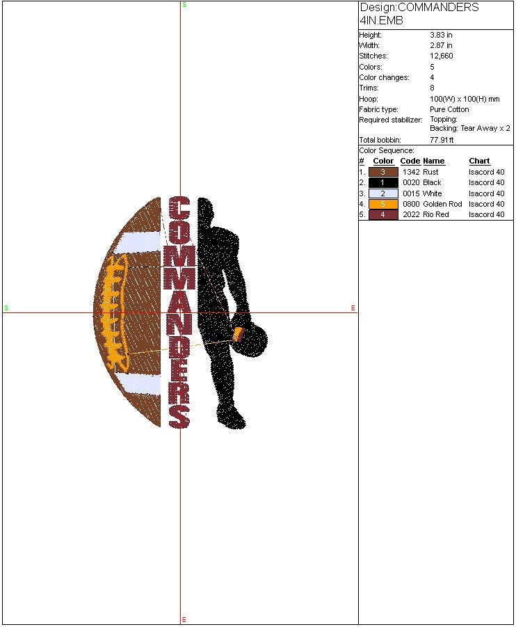 Commanders Football Machine Embroidery Design, Washington Commanders Sports Digital File, Instant Download 2 sizes to fit 4x4 and 5x7 hoops
